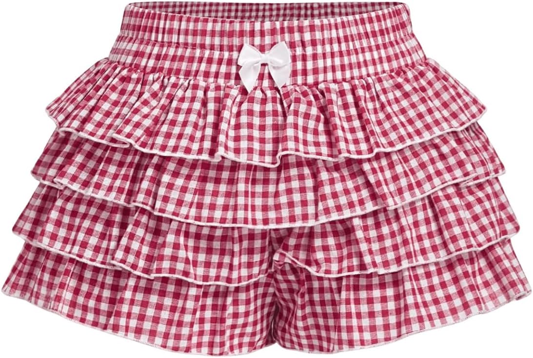 Women's Y2K Ruffle Shorts Gingham Bloomers Cute Mini Micro Shorts Rave Party Going Out Date Night Hot Pants Medium Red and White