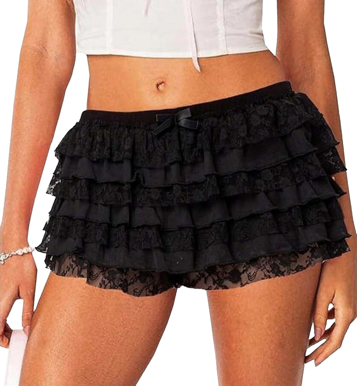 Women Y2K Ruffle Bloomer Cute Lace Multi-Layered Lolita BoyShort Sexy Mini Shorts Elastic Waist Micro Pettipants X-Large Black
