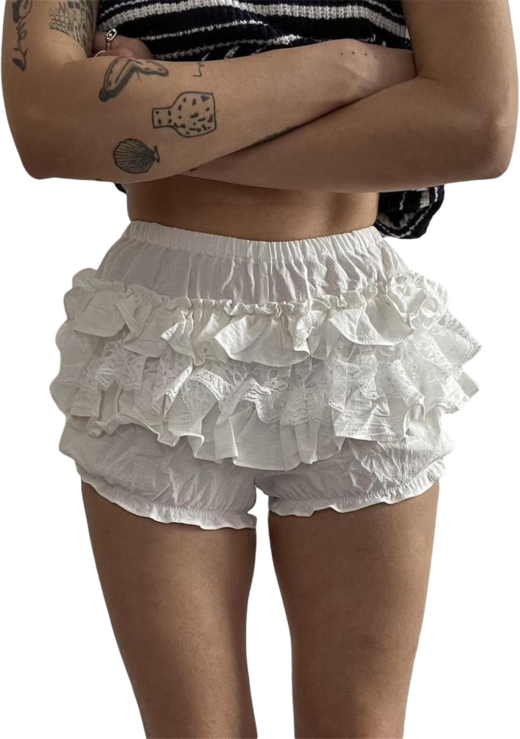 Women Y2k Bloomers Cute Elastic Waist Lace Ruffle Panties Pumpkin Pants Lolita Pettipants Victorian Bottoms D-ivory White Medium