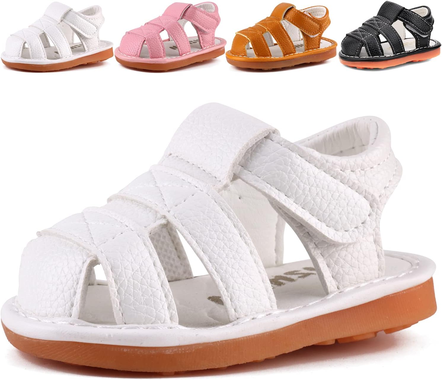 Baby Boys Girls Squeaky Sandals Summer Closed-Toe Anti-Slip Premium Rubber Sole Toddler First Walkers Shoes 5 Toddler 1302-white