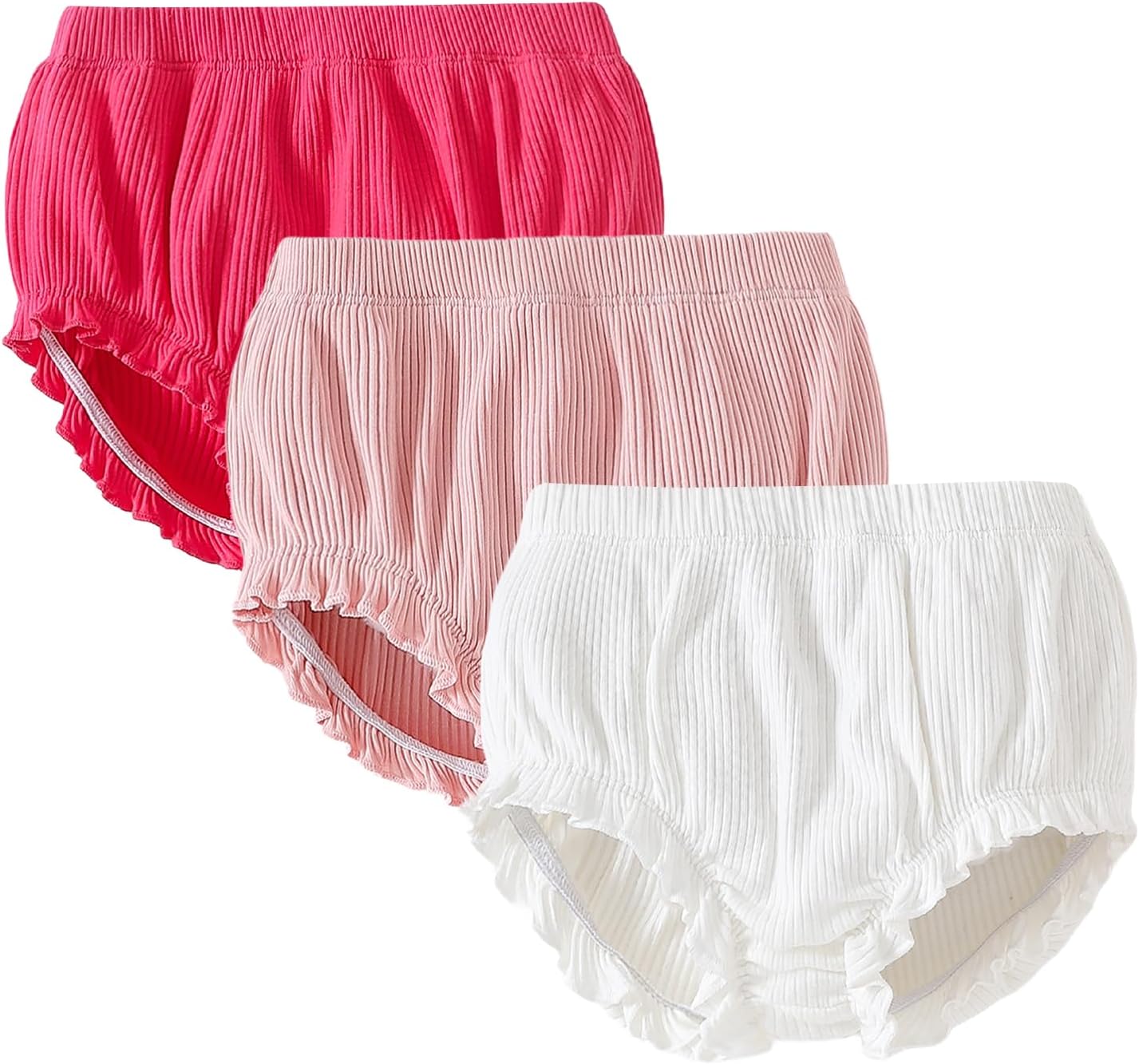 3-Pack Bloomers for Baby Girls Diaper Covers Ribbed Ruffle Solid Triangle Baby Girl Shorts Summer Toddler Underwear Rose/Pink/White 12-18 Months