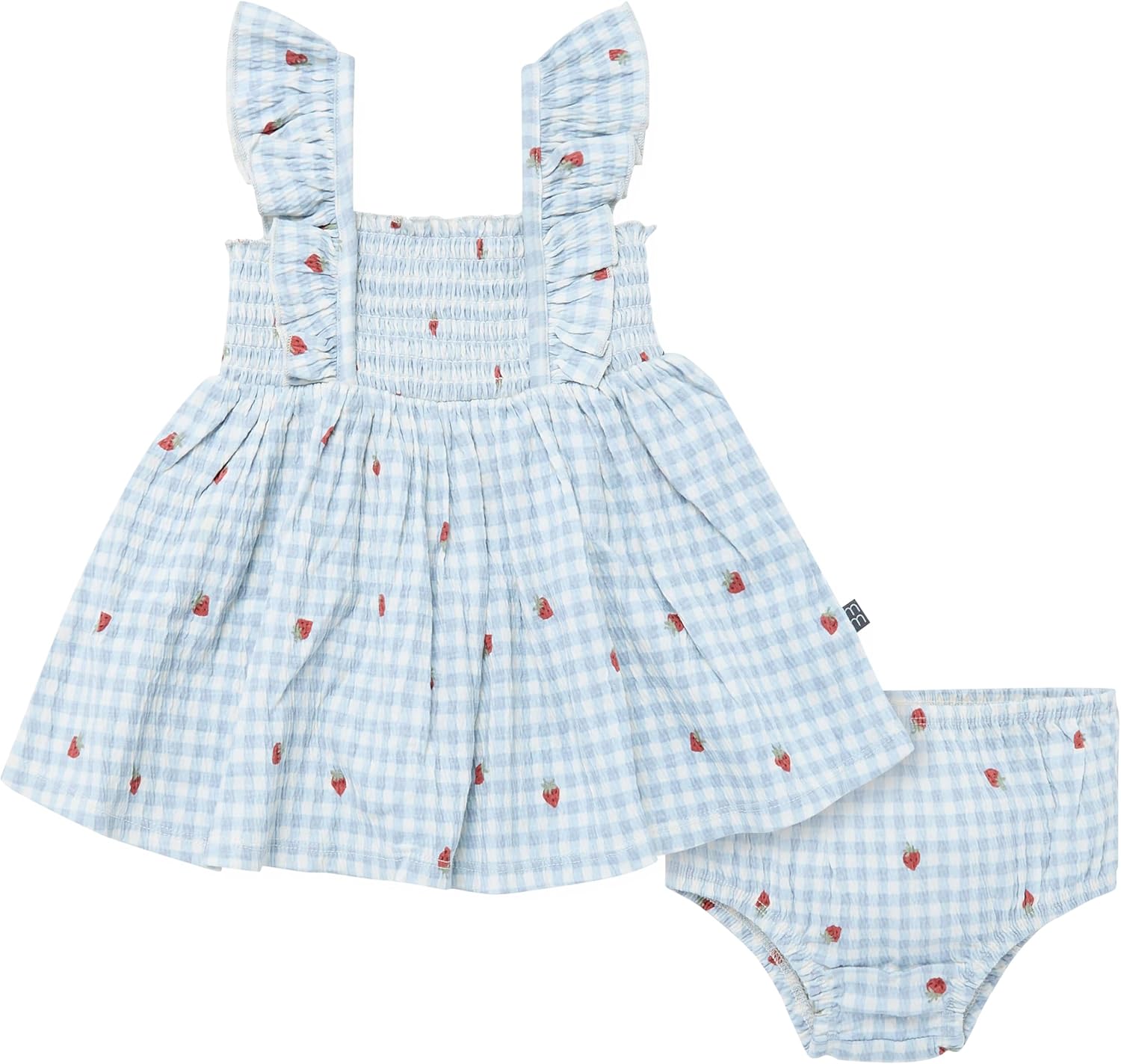 Baby Girls' 2-Piece Ruffle Sleeve Dress W/Smocking & Diaper Cover Set 3-6 Months Ivory Strawberry Gingham
