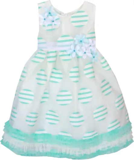 Little Girls 2T-6X Aqua-Blue/Ivory Striped Dots Organza A-Line Social Dress Blue/Multi 6