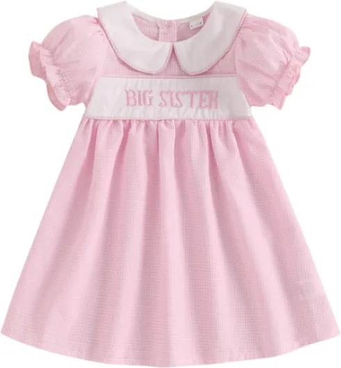 Big Sister Little Sister Matching Outfits Baby Girl Smocked Short Sleeve Romper T-Shirt Toddler Dress Summer Clothes Big Sister 3-4T