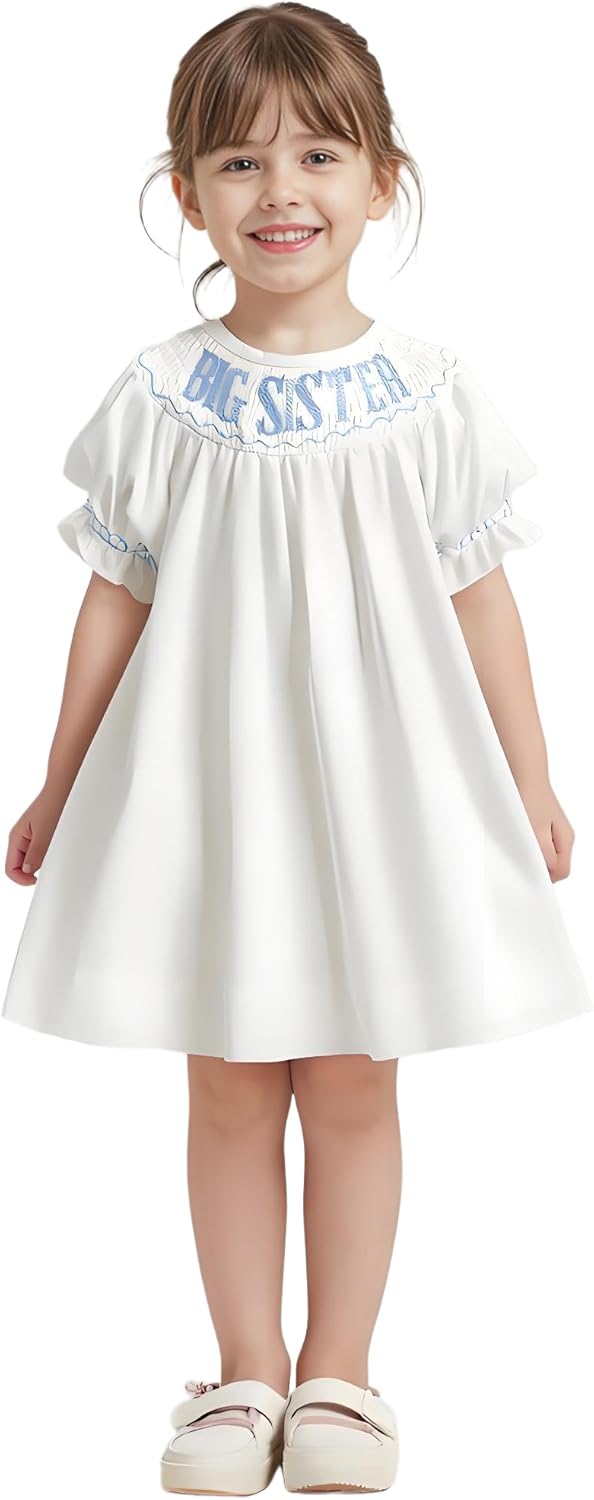 Big Sister Smocked Dress Toddler Little Girls Puff Short Sleeve Letters Embroidery Bishop Dress Blue 1-2T