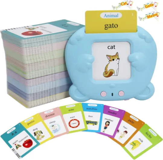 Spanish & English 510 Words Alphabet Bilingual Talking Flash Cards for 3-8 Years Toddlers, Pocket Speech Buddy Therapy Autism Toys, Educational Learning Interactive Toy for Boys Girls Kids Gifts Blue 510 Words Spanish and English Blue Bear