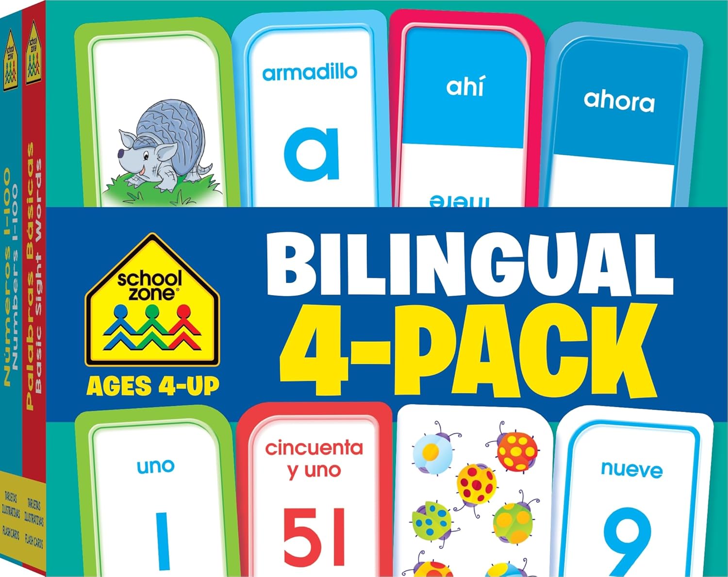 School Zone Preschool Spanish Bilingual 4-Pack Flash Cards: 224 Cards, Tarjetas de Índice Bilingües Español/Inglés, Alphabet, Sight Words,: Numbers 1-100, Colors & Shapes, Language Immersion, Ages 4+ (Spanish/English Edition)