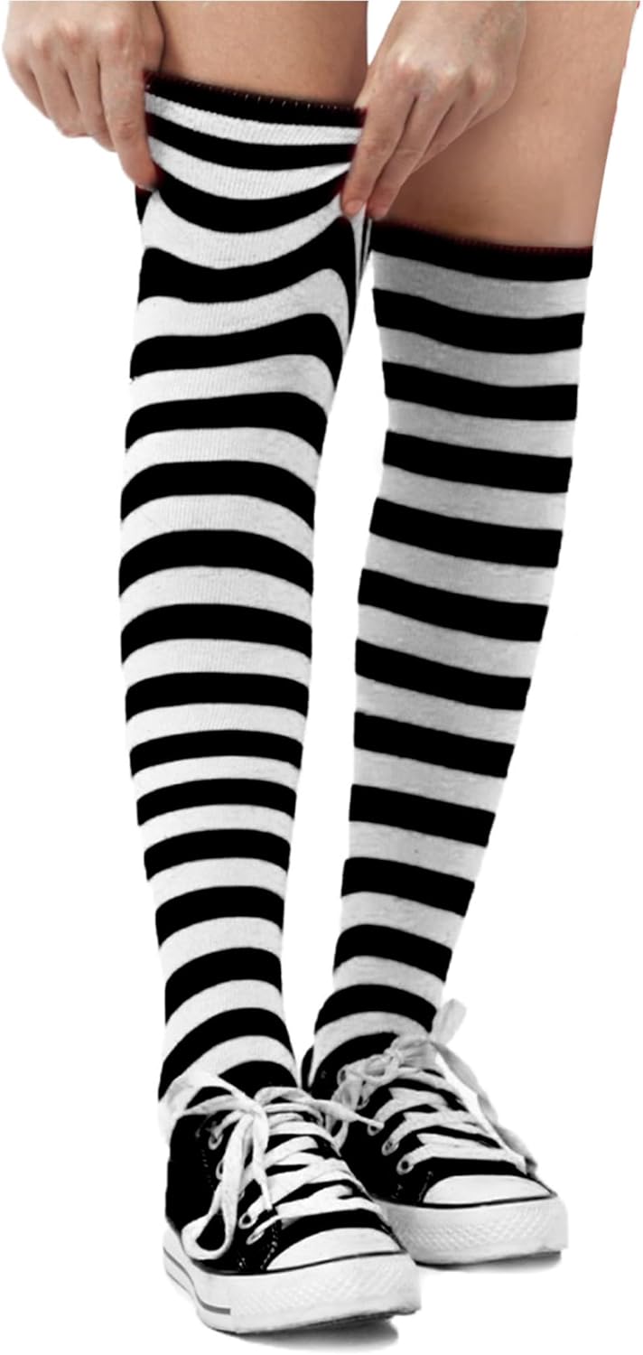 Cotton Striped Socks for Adults - Striped Knee High Socks for Men & Women - Teens - Stylish and Comfortable Black & White