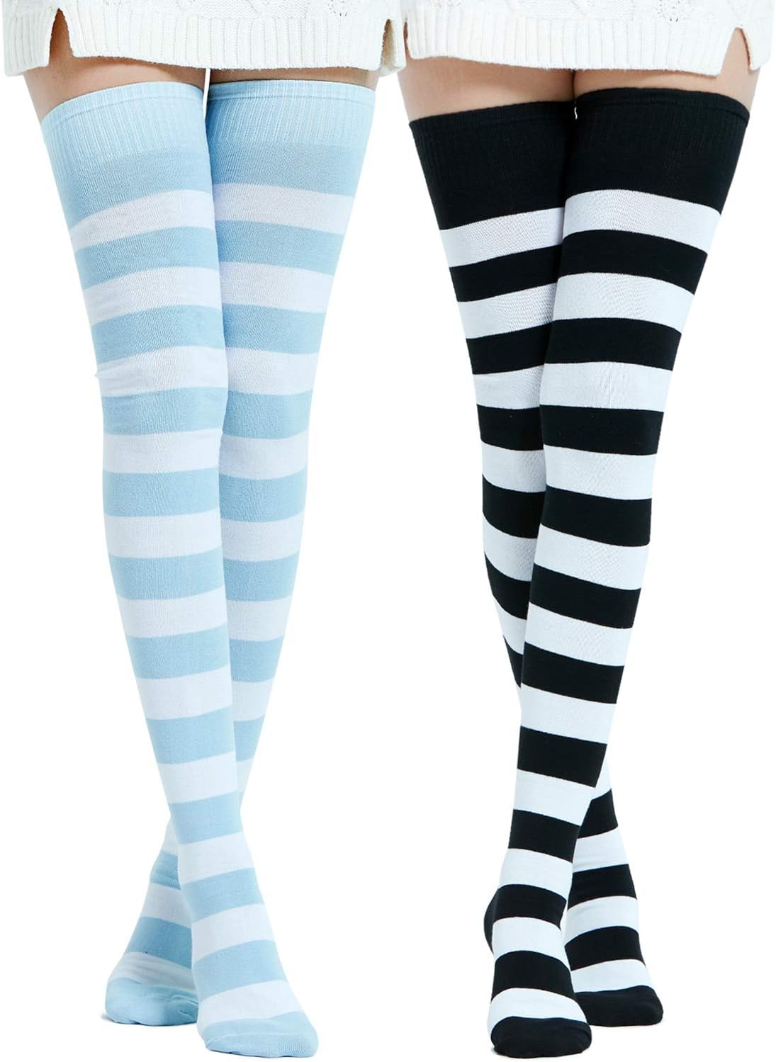Extra Long Cotton Stripe Thigh High Socks Over the Knee High Socks Medium Black/White & Blue/White