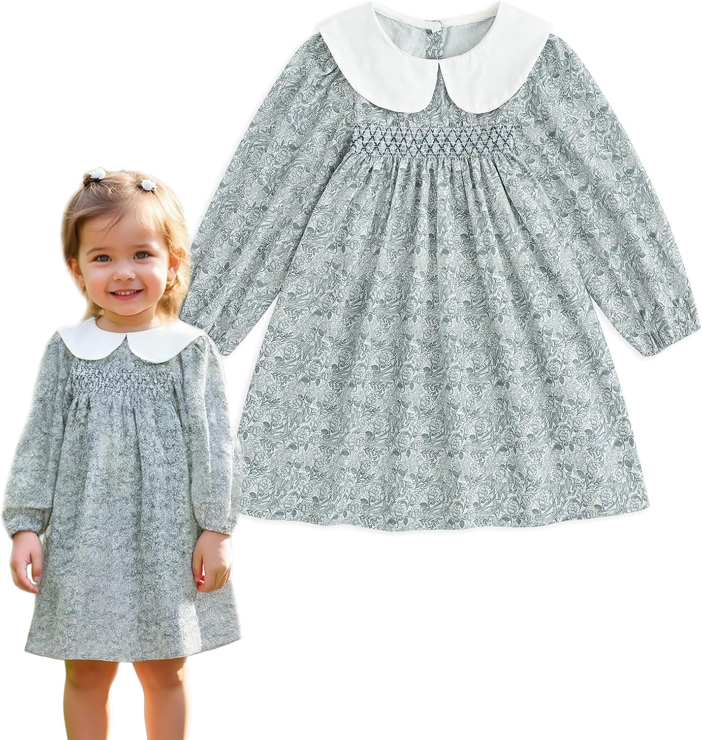 Baby Girls Long Sleeve Flora Toddler Girls Cotton Casual Outfit Dress 12M-8Y A-blue Grey 8 Years