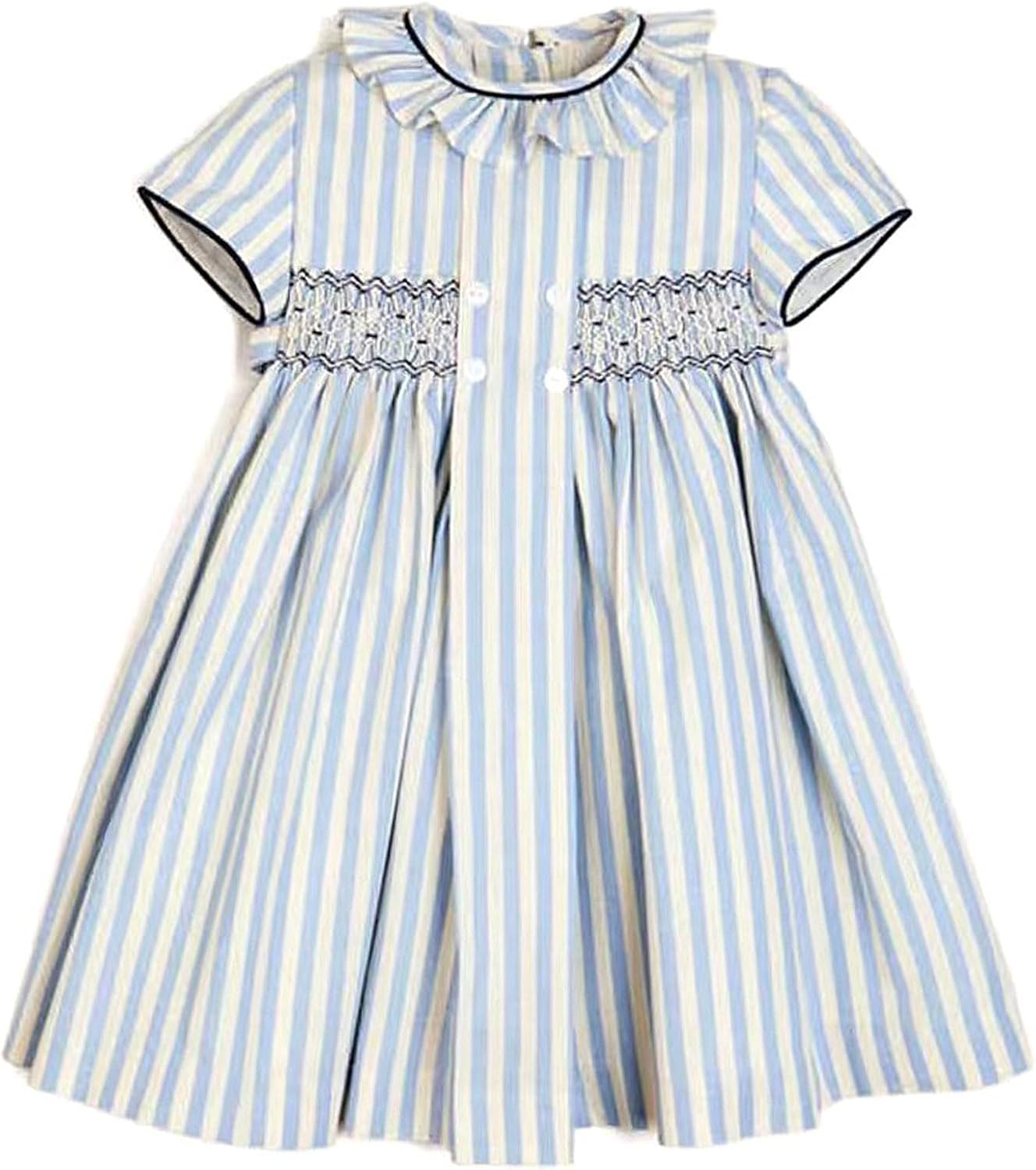Baby Girls Long Sleeve Smocking Clothing Toddler Fall Floral Smocked Dress Vintage Dresses for Christmas Birthday 3T Navy Stripe