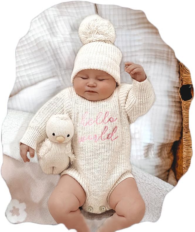 Infant Baby Sweater Romper and Hat Baby Girl Boy Knitted Sweatshirt Pullover Tops Fall Winter Clothes Baby Boy Girl Outfit White