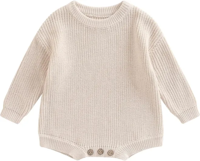 Baby Girl Boy Sweater Knit Oversized Pullover Sweatshirt Romper Onesie Warm Fall Winter Clothes Outfit Newborn Solid Cream Color Preemie-Newborn