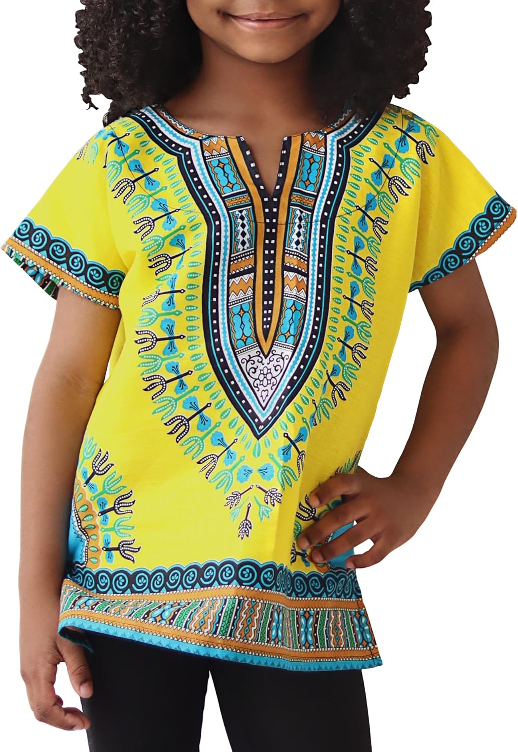 DA'IKI Dashiki Cotton Childs Shirt African Tribal Kaftan Childrens Unisex Boys Girls 8-10 Years Dashiki - Golden Yellow Bright