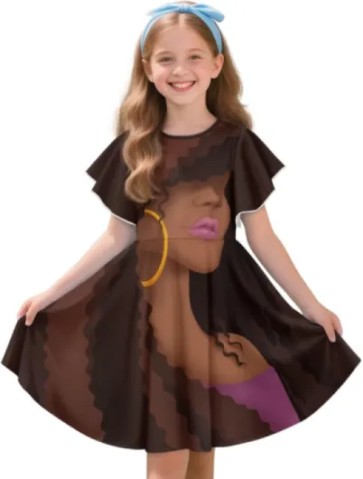 Summer Dress for Girls Flounced Sleeves Round Neck Dresses A Line Sundress for Daily Party Vacation African Girl Print 3-4T