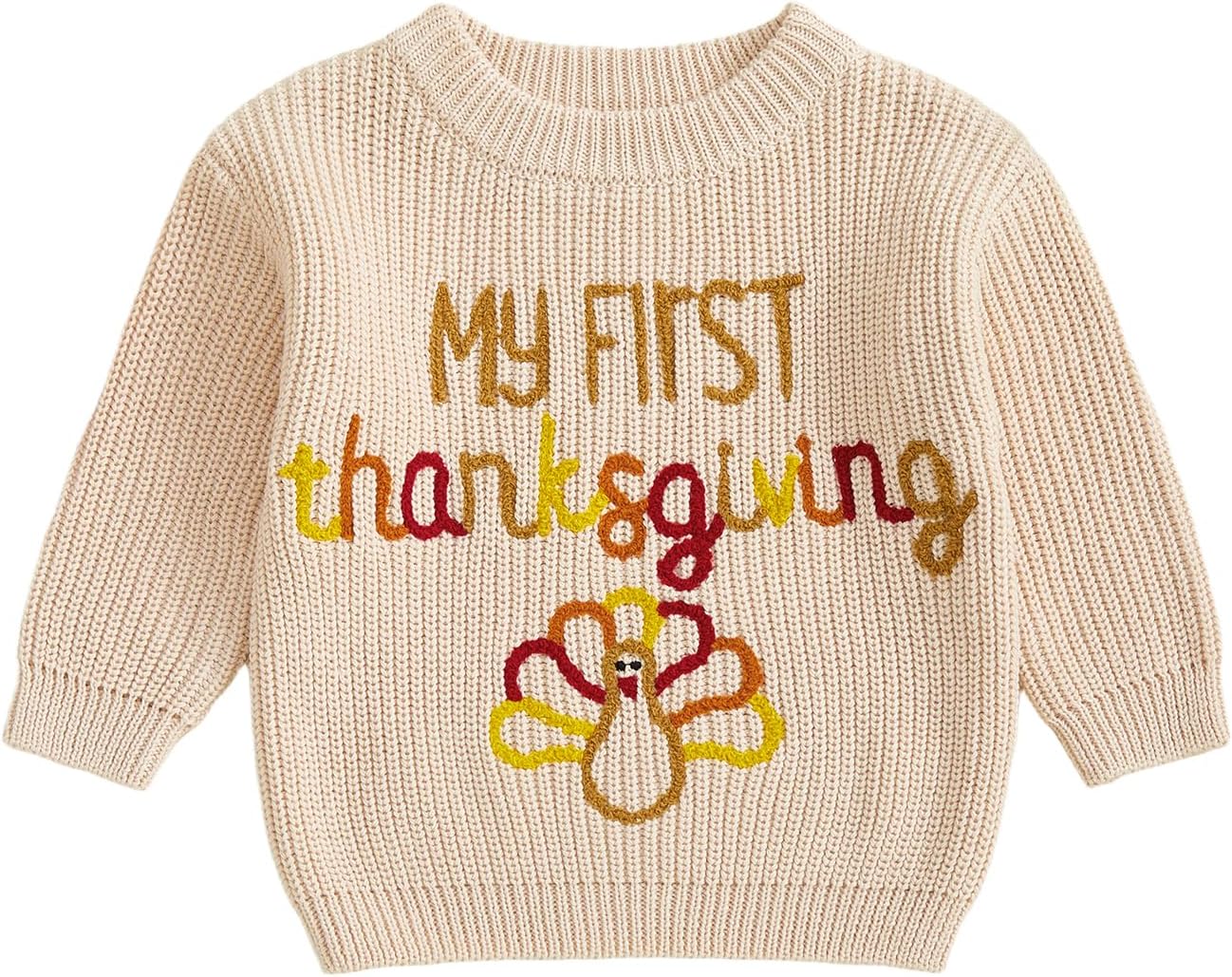 Newborn Baby Girl Boy Thanksgiving Knit Sweater My First Turkey Embroidery Winter Warm Sweatshirt Outfit Fall Clothes Khaki 3-6 Months