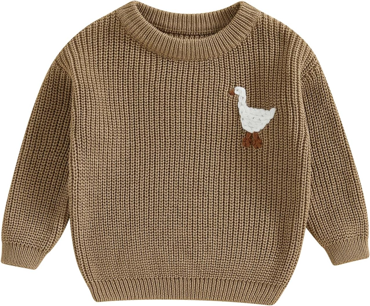 Infant Baby Boy Girl Knit Sweater Rooster Goose Embroidery Crew Neck Long Sleeve Pullover Knit Shirt Winter Clothes Khaki 0-3 Months