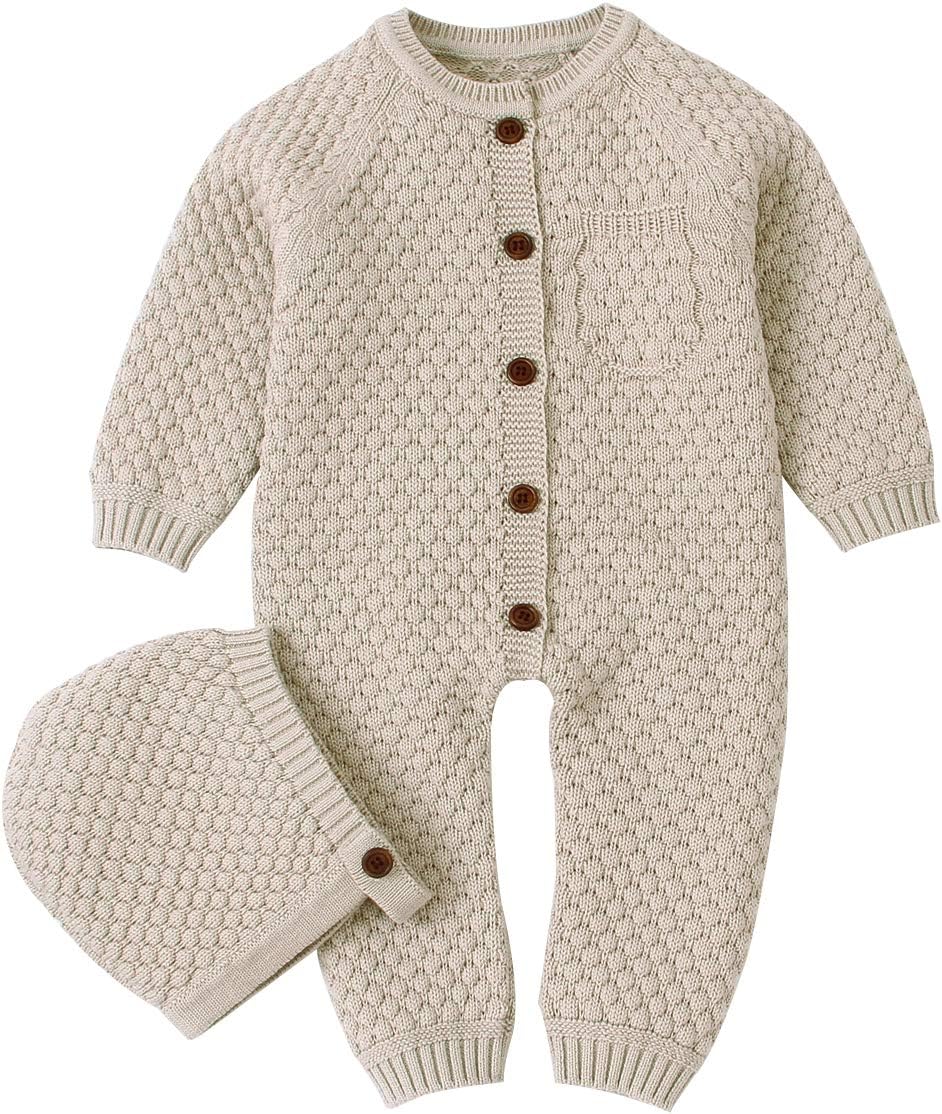 Cotton Baby Romper Newborn Baby Knitted Clothes Longsleeve Sweater Outfit for Boy and Girls with Warm Hat Set Camel 3-6 Months