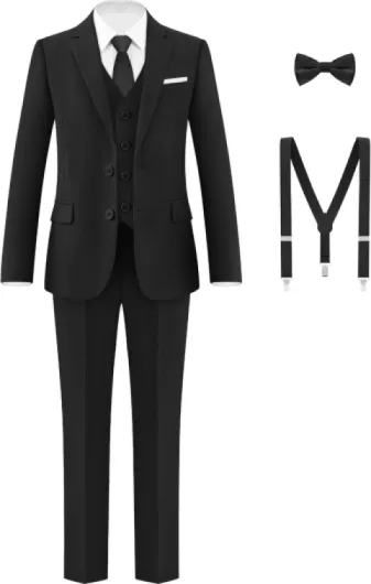 Boys Formal Suits Set, from Toddlers to Teen, Adjustable Waist, with Suspenders 8 Black 7pcs