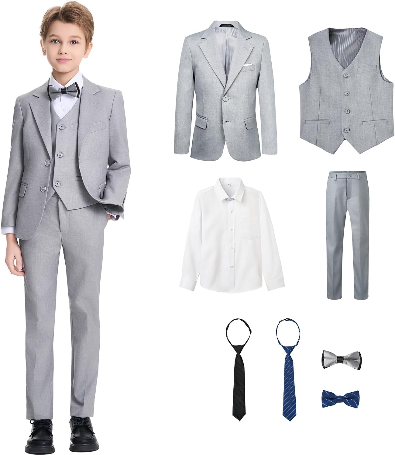 8 Piece Boys Suit Slim Fit Formal Suit Set, Adjustable Waist, for Toddler Boy Teenage, Wedding, Graduation, Churches Gray 10