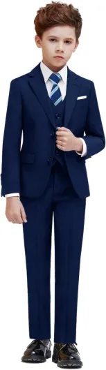 Boys Suit Set with Suspenders, Suit with 3 Versions-Regular, Slim and Husky Regular 12 Regular Dark Blue 7 Pcs