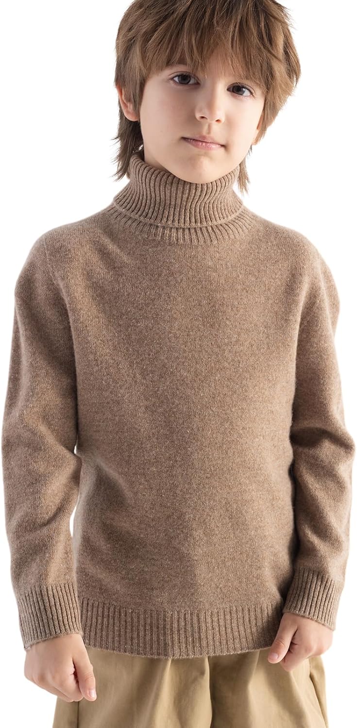 Boys and Girls 100% Merino Wool Sweater Fall Winter First-Line Ready to Wear Turtleneck Long Sleeve Pullover Tan Large