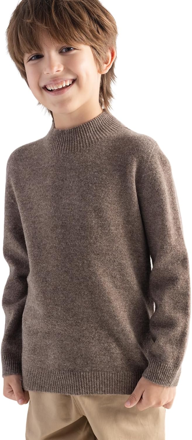 Boys and Girls 100% Merino Wool Sweater Fall Winter First-Line Ready to Wear Long Sleeve Seamless Pullover Brown Large