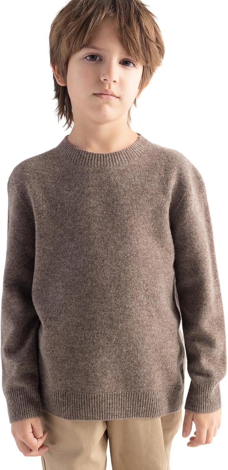Boys and Girls 100% Merino Wool Sweater Fall Winter First-Line Ready to Wear Crewneck Long Sleeve Seamless Sweater Brown Small