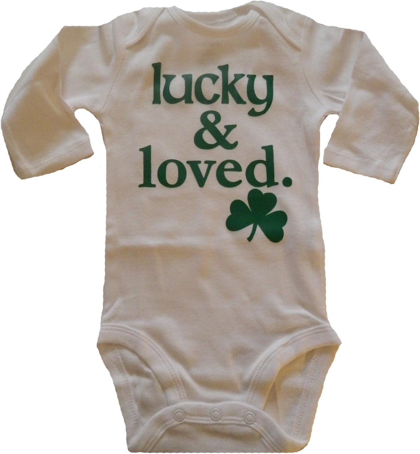 Custom Kingdom Baby Boys/Girls Lucky and Loved Irish Shamrock Long-Sleeved One-Piece Romper Bodysuit White 6 Months
