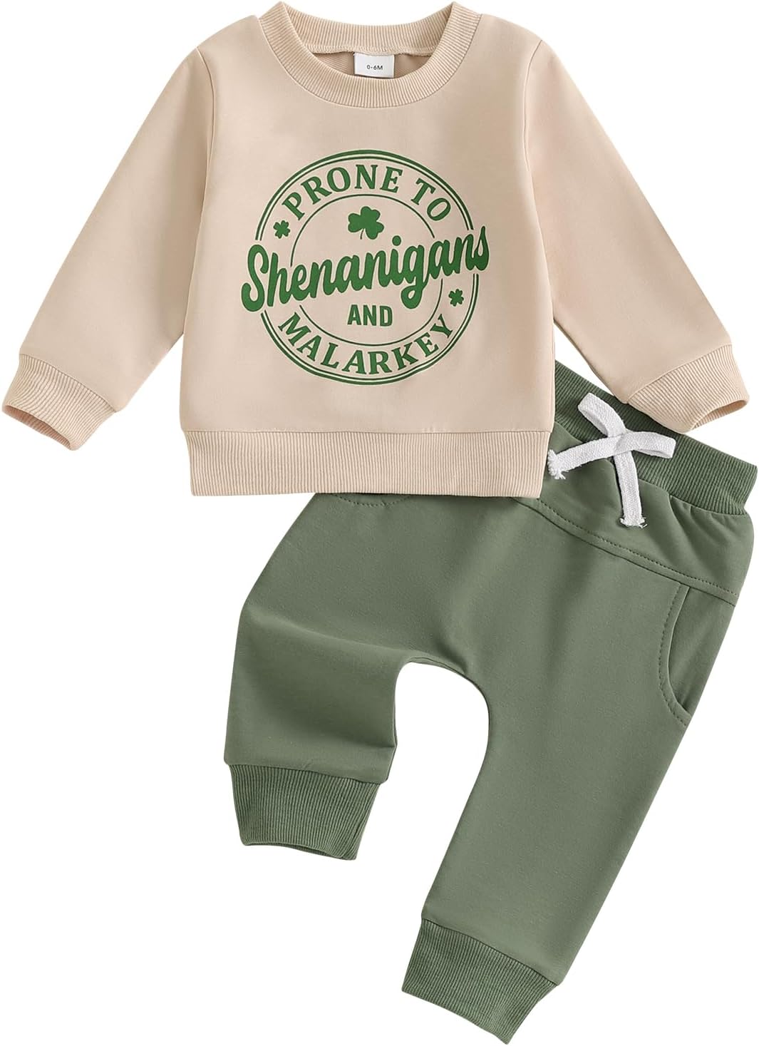 St Patricks Day Baby Boy Outfit Clover Letters Print Sweatshirt Elastic Waist Pants Set Toddler 2Pcs Spring Clothes Khaki 18-24 Months