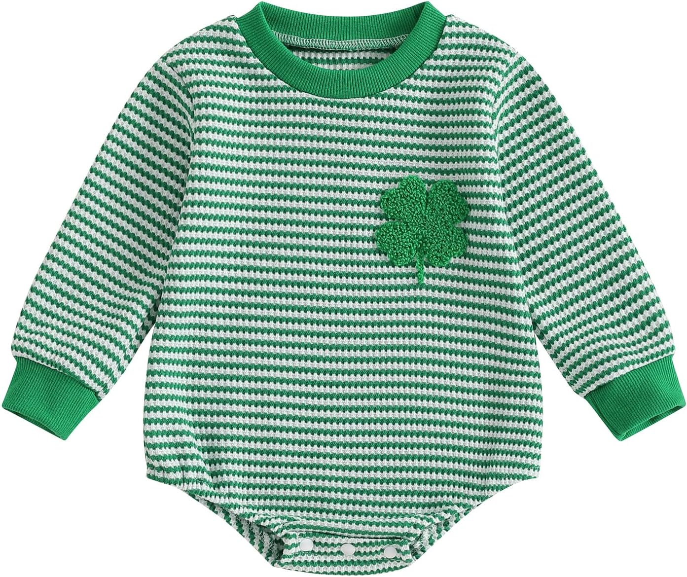 Baby Sweatshirt Romper Striped Heart/Clover Waffle St.Patrick Day Long Sleeve Irish Onesie Jumpsuits Green-clover 0-3 Months