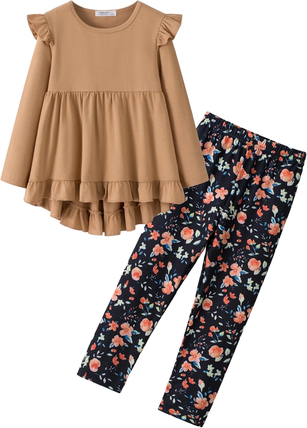 Girls Clothes Ruffle Shoulder High Low Hem Long Sleeve Top and Floral Pants 2 Piece Fall Outfits Clothing Set 6-7 Years Fall Leaf