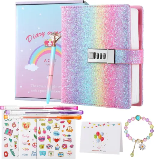 Diary with Lock for Girls, Password Locked Journals for Teen Girls, Secret Diary Gifts for 9 10 11 12 Year Old Girls, Kids Journals Set for Ages 8-12 Teenage Bright Colorful Deep Rainbow