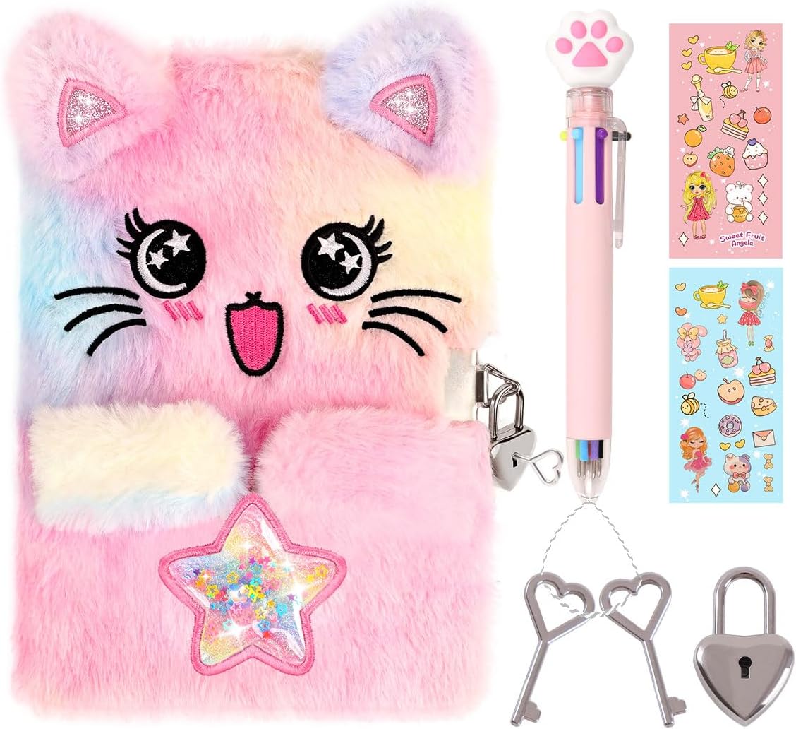 Cat Diary for Girls with Lock and Keys,Tie-Dye Fuzzy Journal for Kids,Hardcover Fluffy Locking Notebook for Writing and Drawing,4-12 Year Old Girl Birthday (A Star-Cat)