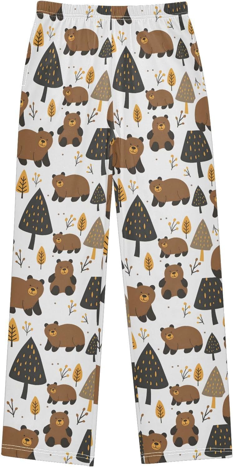 Pajama Pants Sleep Pants Soft Elastic Waist Pajama Lounge Pants Cute Bear for 6-14 Years Old 11-12 Years