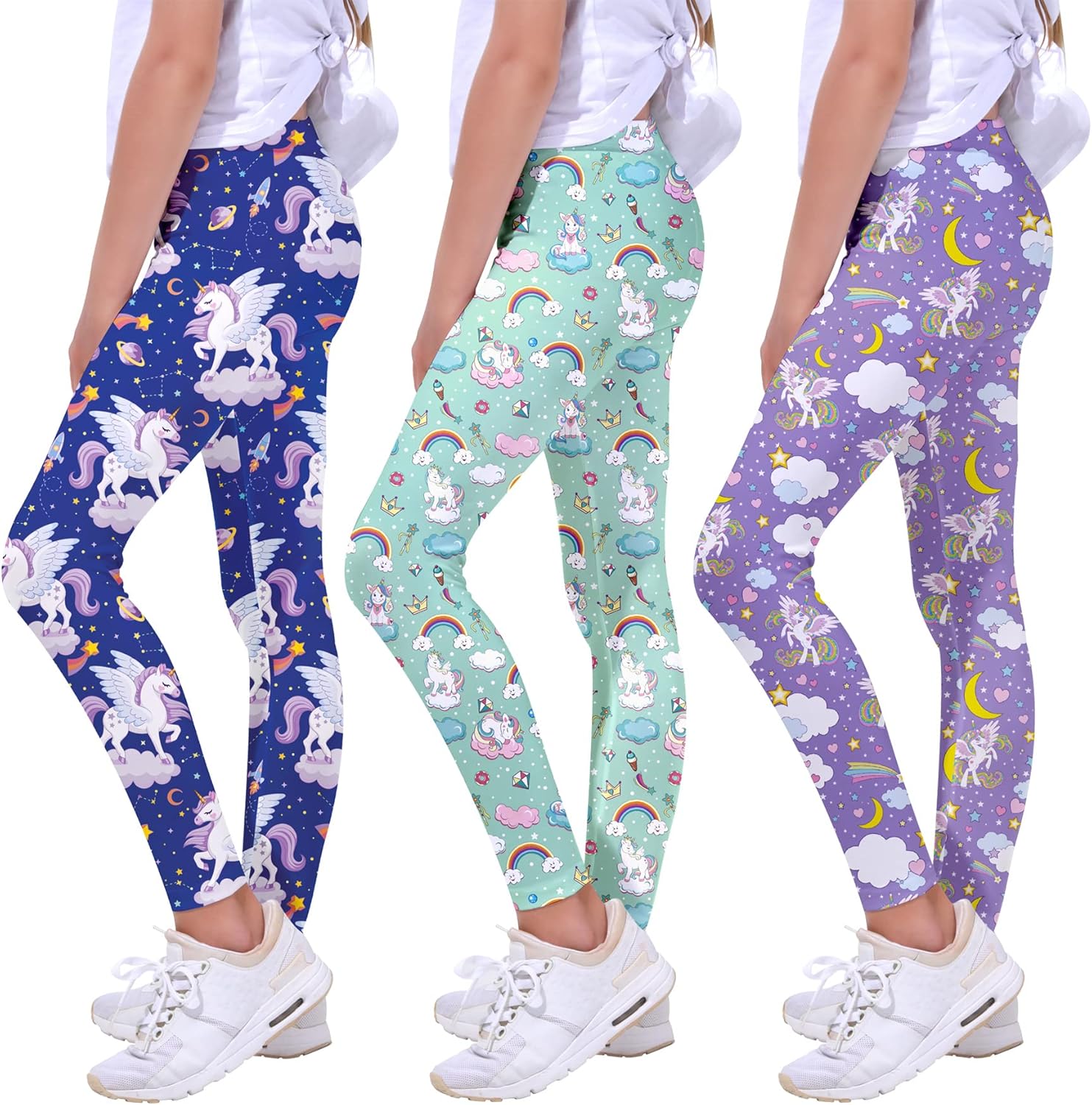 Girls Printed Leggings Yoga Pants Multipack Leggings for Kids in 3t to 13 Years 6-7 Years Unicorn Kingdom/Sky/Galaxy Unicorn