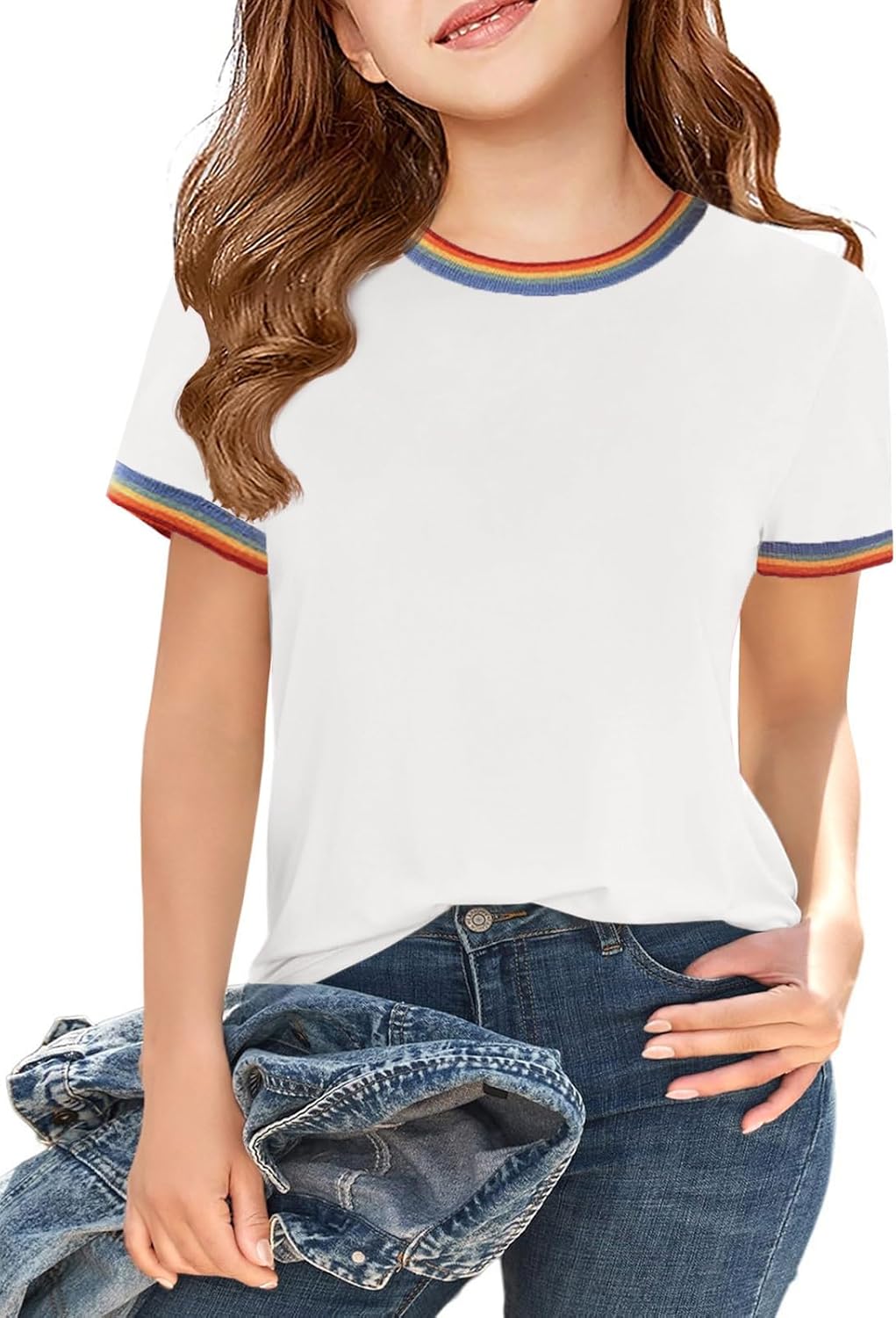 Girls Short Sleeve T Shirts Kids Summer Rainbow Trim Ringer Tees Crewneck Tops 5-14 Years White 7-8 Years