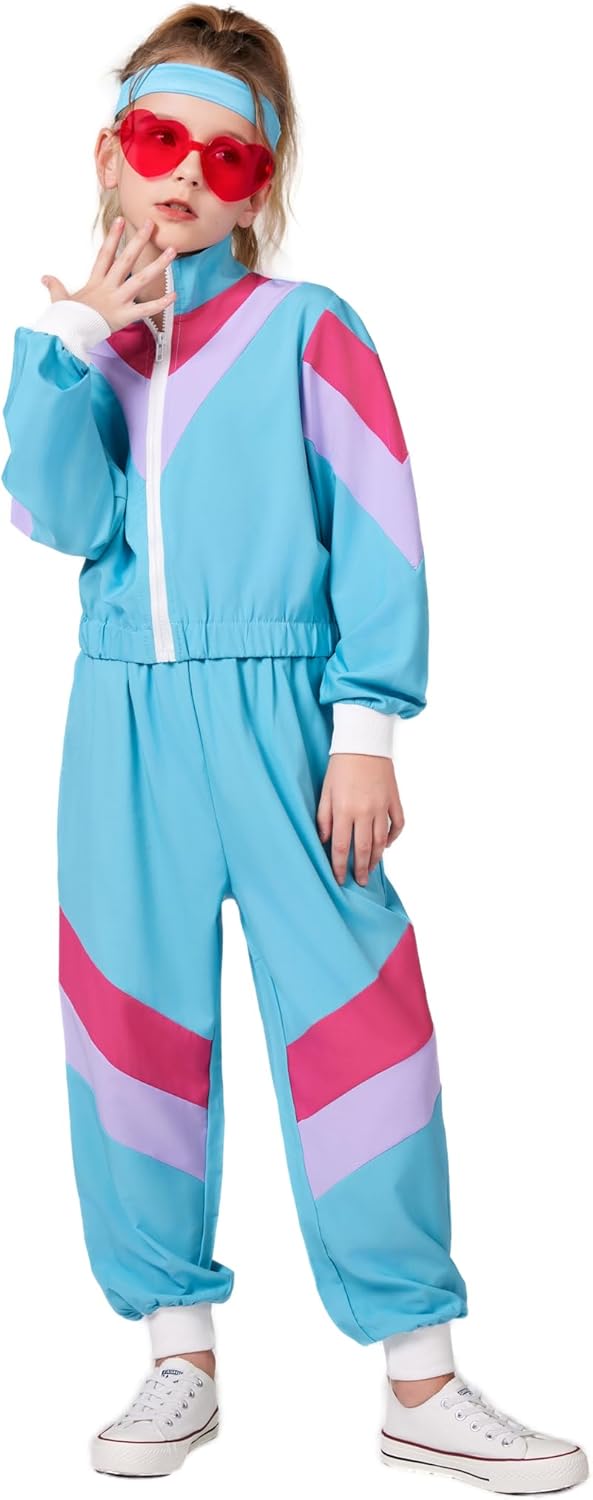 Kids 80s Tracksuit for Boys Girls Hip Hop Costume Retro Sportswear Windbreaker for Halloween Dance Outfit Blue 7-8 Years