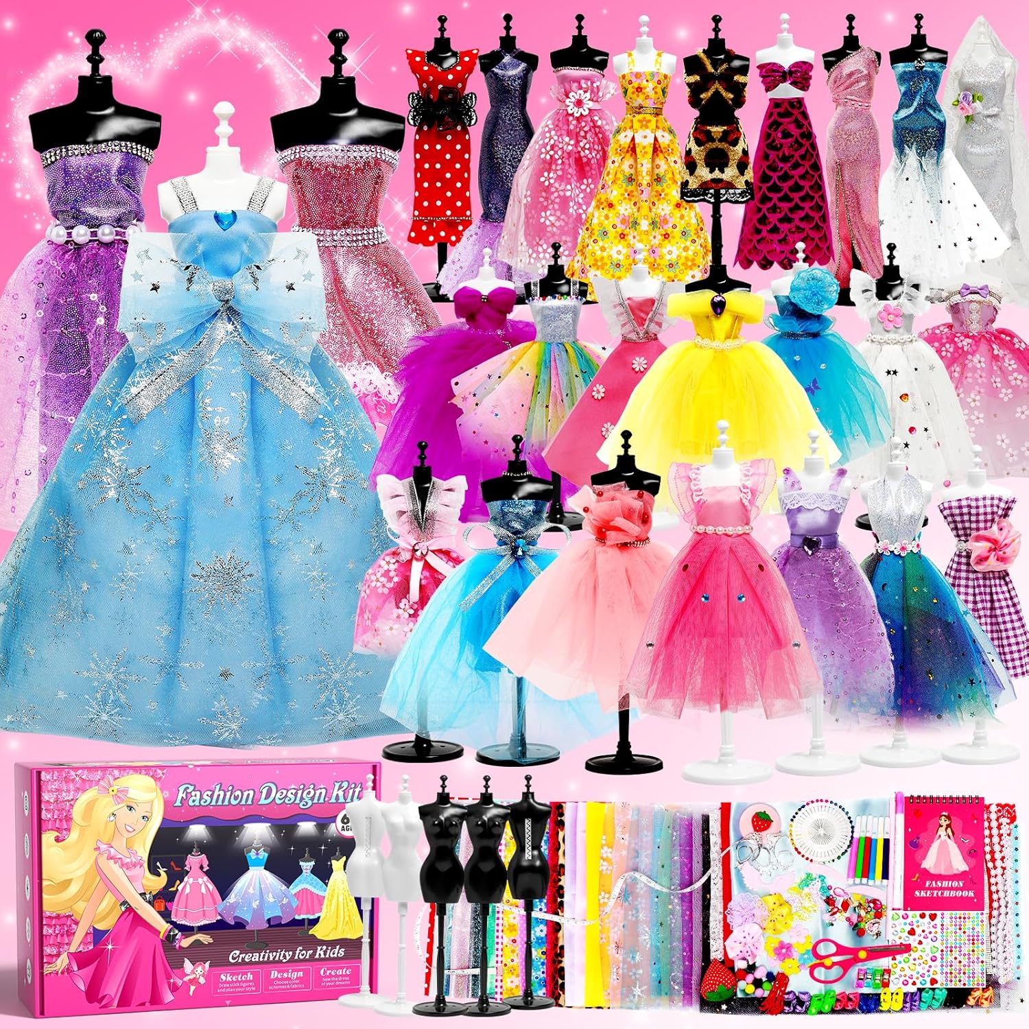 1500+PCS Fashion Designer Kit for Girls with Fashion Sketchbook & 5 Mannequins, Creativity DIY Arts & Crafts Kit for Kids Sewing Kit for Teen Girls Birthday Gift Age 6 7 8 9 10 11 12+
