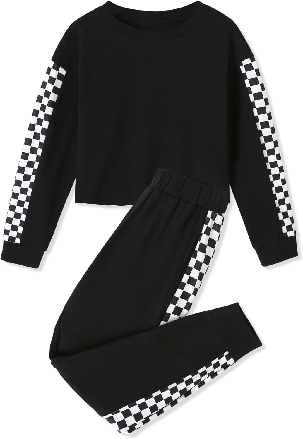 Toddler Girl Clothes 2 Piece Outfits Girls Tracksuit Activewear Long Sleeve Checkered Sweatshirts+Sweatpants Black 6-7 Years