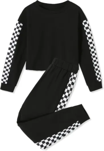 Toddler Girl Clothes 2 Piece Outfits Girls Tracksuit Activewear Long Sleeve Checkered Sweatshirts+Sweatpants Black 6-7 Years