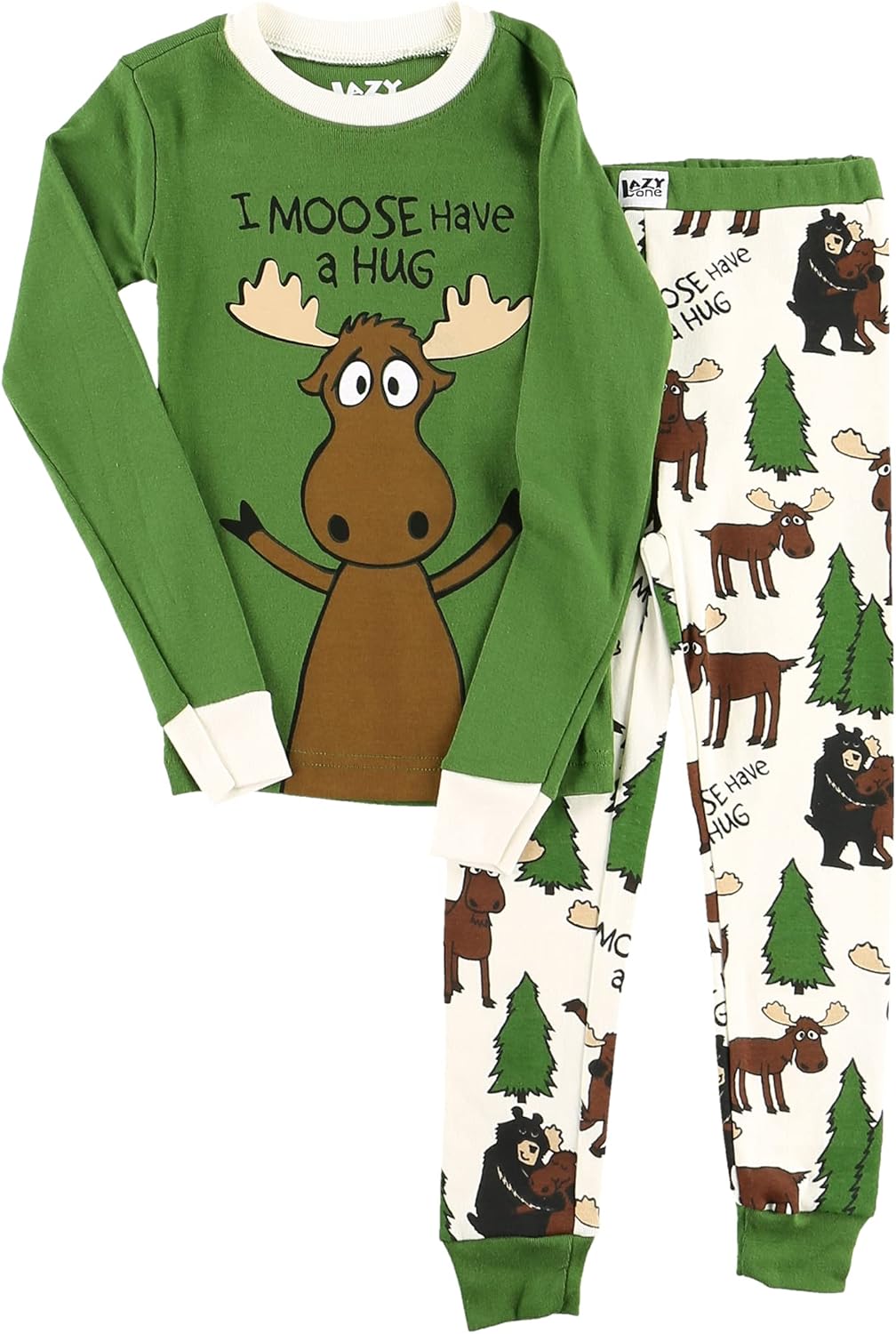 Warm Long-Sleeve PJ Sets for Girls and Boys, Cozy, Comfy, Funny Kids' Pajama Sets, Animal, Bear & Moose I Moose Have a Hug Green Pajama Sets 3T