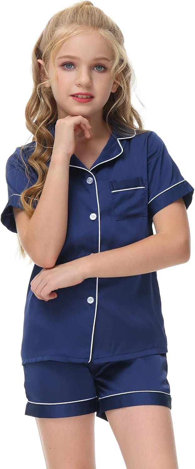 Unisex Satin Pajamas Set Boys Girls Silk Pjs Short Sleeve 2 Piece Sleepwear Button-Down Kids Nightwear(4-13T) Navy 4-5T