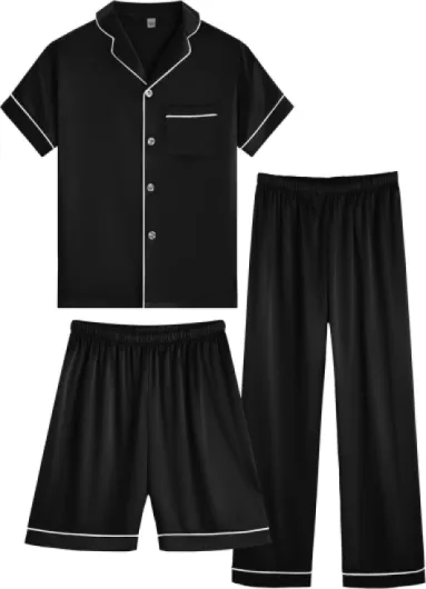 Girls Boys Silky Satin Pajamas Set 3 Pcs for Kid Children Silk pjs Set Sleepwear Button-up Nightwear 10-11 Years Black