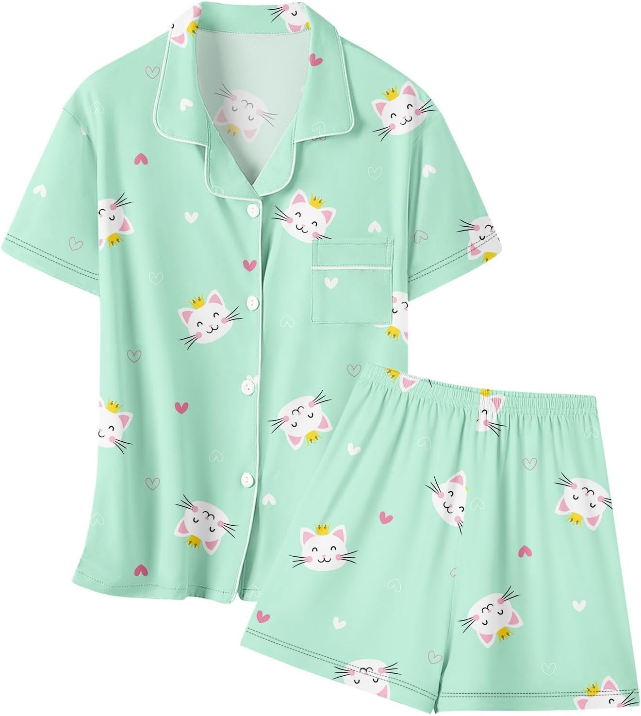 Girls & Womens 2 Pieces Pajamas Sets Modal Sleepwear Button Down Short Sleeve Pjs Outfits Short Sleeve 7-8 Years Green Cat
