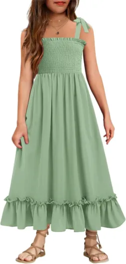 Girls Summer Dress Boho Beach Casual Smocked Maxi Dresses 6-13 Years 9-10 Years Green