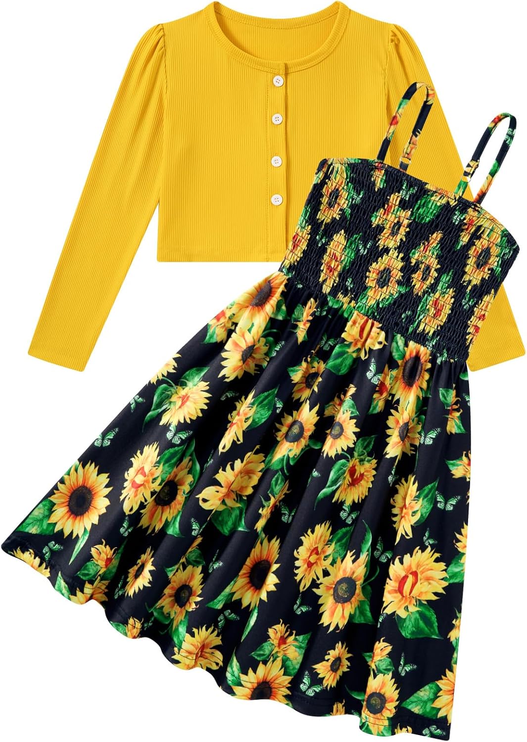 Girls Casual Adjustable Strap Sleveless Dress Cardigan Set Size 5-12Y Yellow-black 11-12 Years
