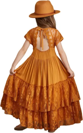 Girls Kids Lace Back Full-Length Backless Tulle Party Holiday Formal Flower Girl Dress 4-coffee 6 Years