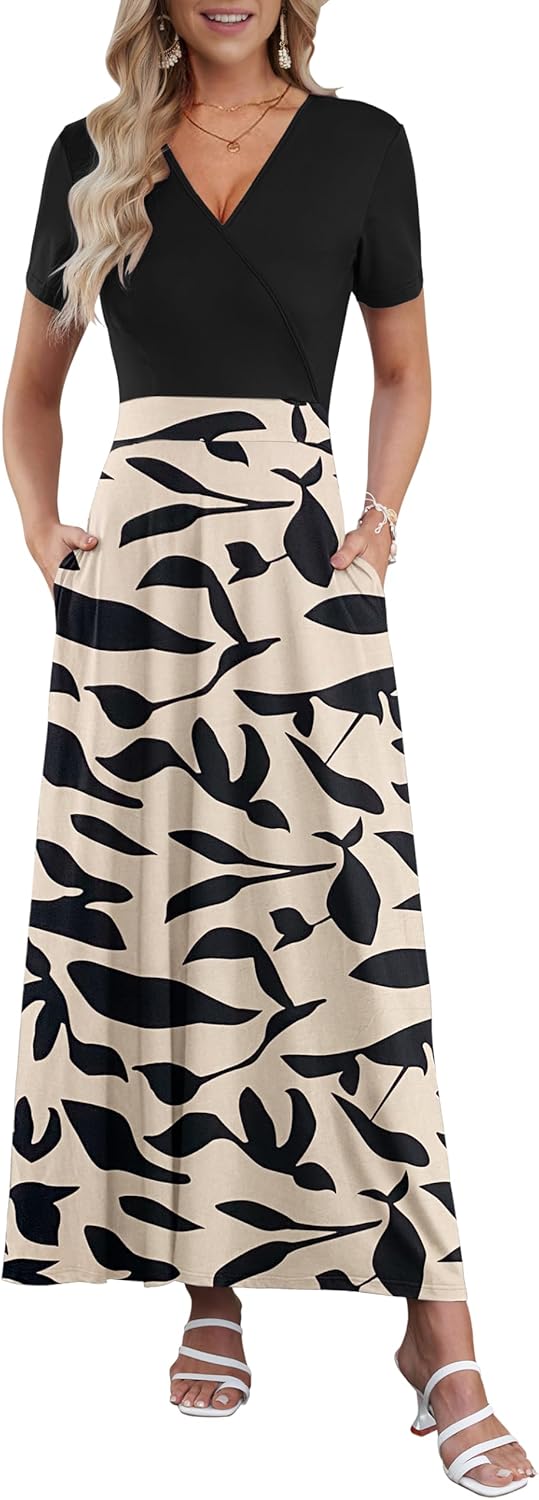 Maxi Dresses for Women Ankle Length Floral Print Beach Long Flowy Dress with Pockets X-Large Black Leaf