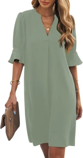 Shift Dress for Women V Neck Short Sleeves Solid Color Casual Flowy Summer Dresses(S-2XL) X-Large B-light Green